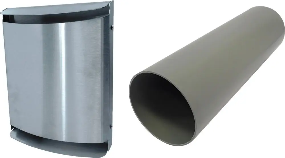 Zwei Ventilationselemente: eine Metall-Außenhaube mit gebogener Front und ein grauer Lüfterrohr mit rundem Querschnitt, beide für dezentrale Lüftungssysteme von Bosch konzipiert.